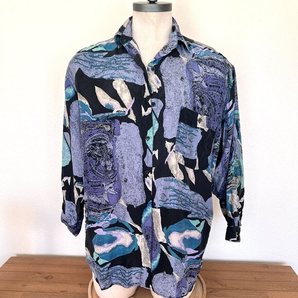 Retro Silk Abstract Long Sleeve Shirt - Size Large - Jane Ashley Gender Neutral - Picture 1 of 8